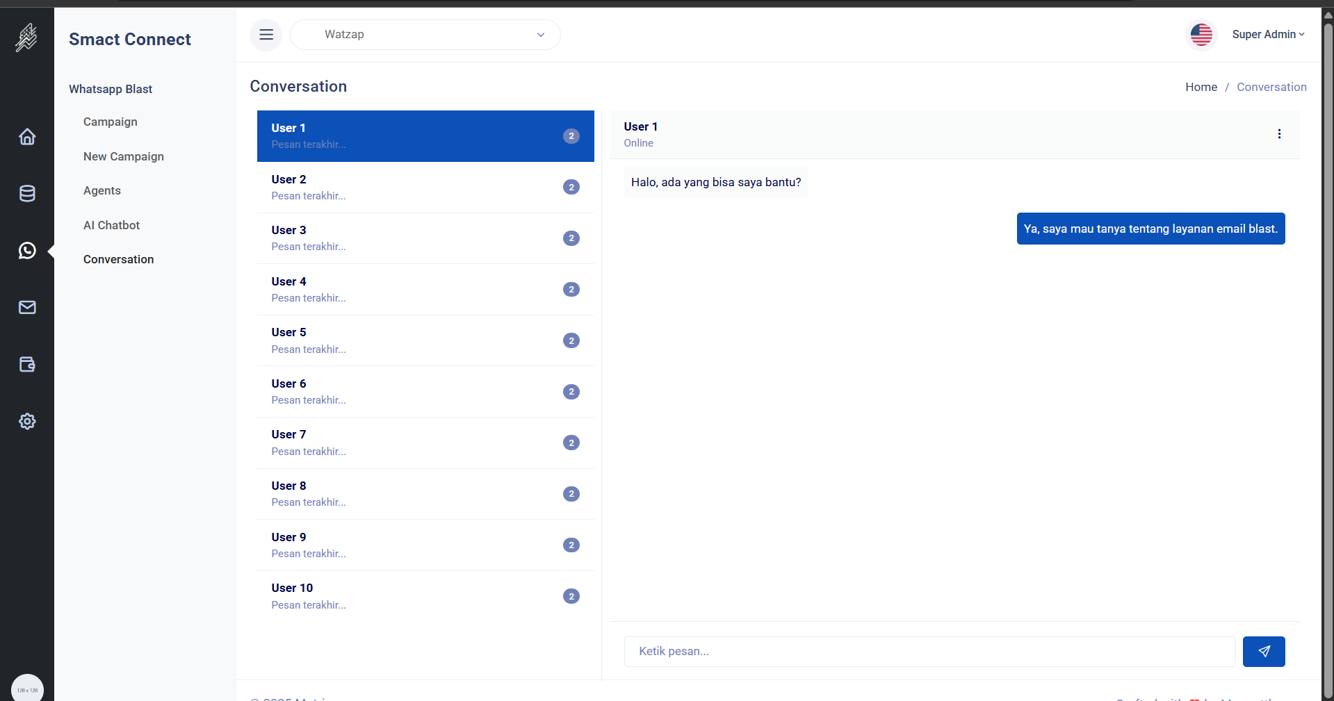 Smact Connect dashboard interface showing CRM, email and WhatsApp marketing features